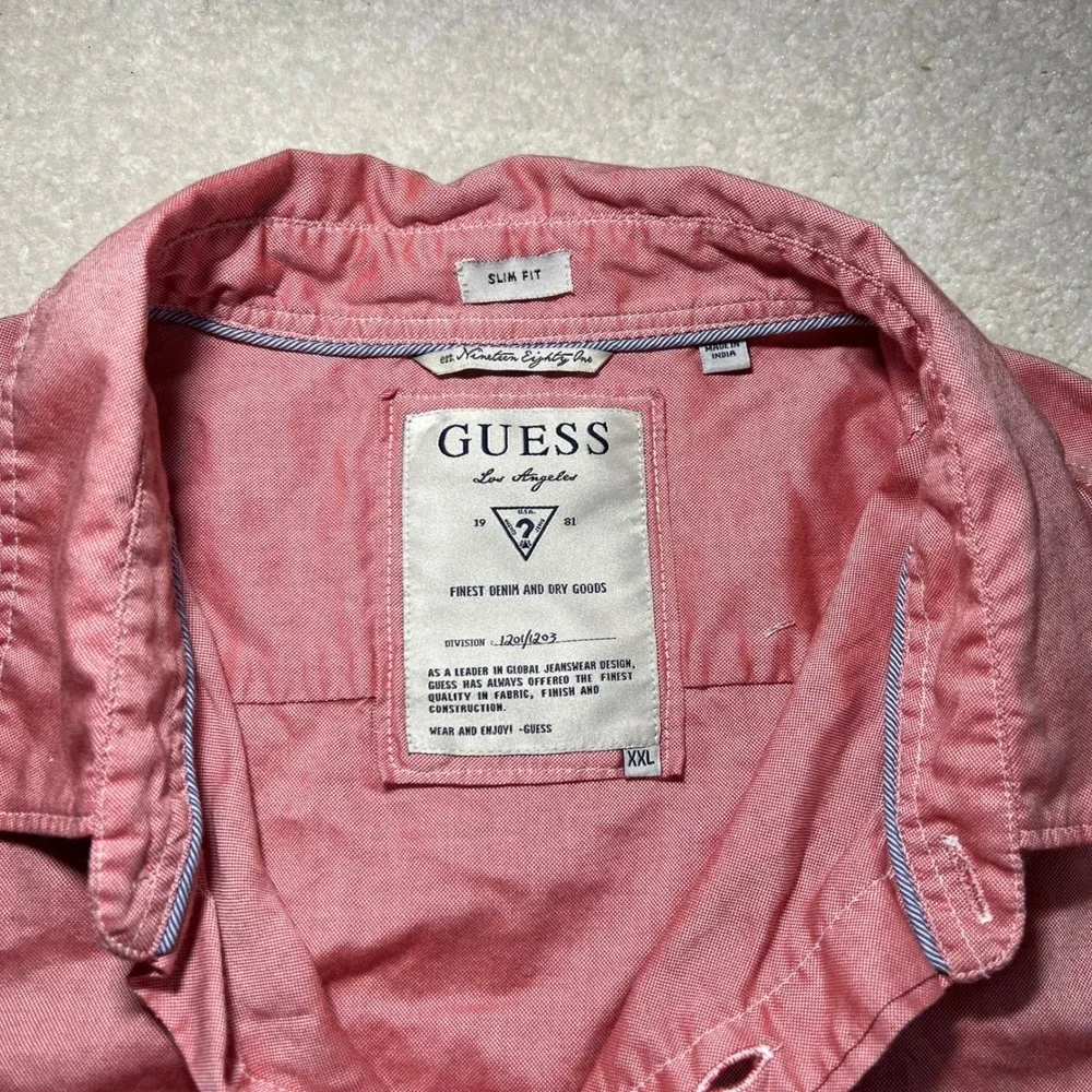 Guess Button Down Shirt Mens XXL Salmon Pink Slim Fit Long Sleeve Cotton‎ Oxford